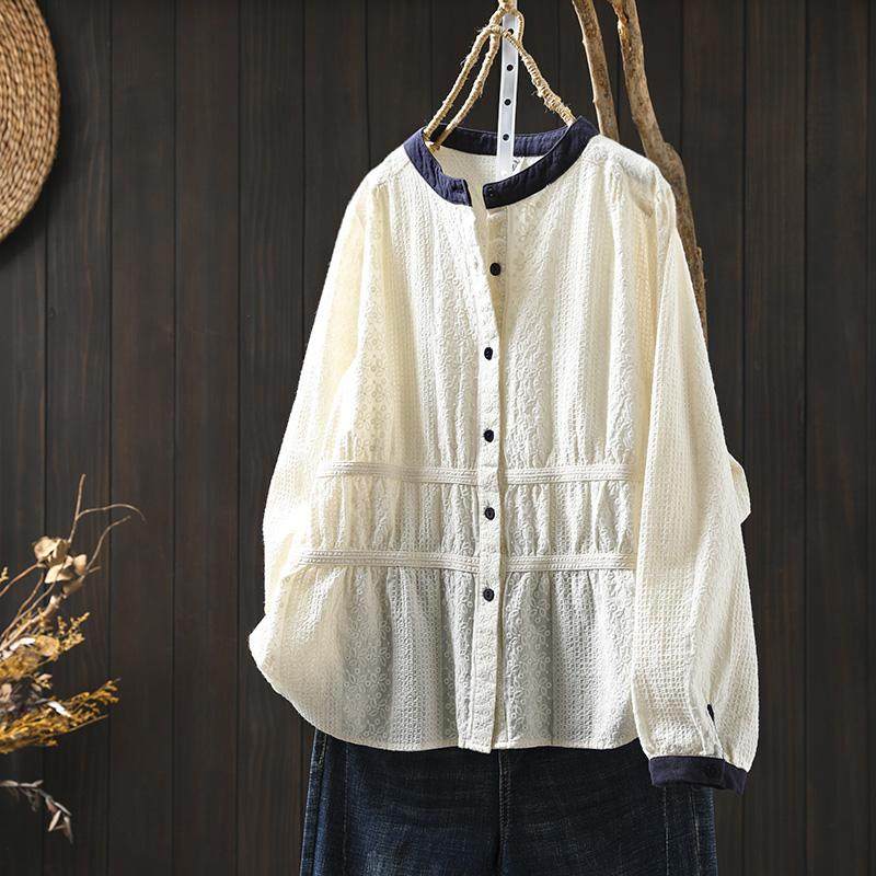 撞色立领纯棉提花长袖衬衫女士上衣2025秋季新款休闲甜美法士小衫