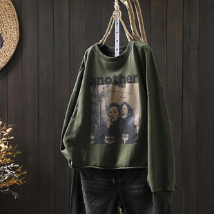 美女印花纯棉卫衣女宽松长袖2026秋季新款复古个性遮肉套头上衣潮