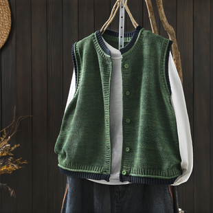 马甲女时髦洋气2026春新绿色棉线针织拼接感叠穿外穿坎肩马夹背心