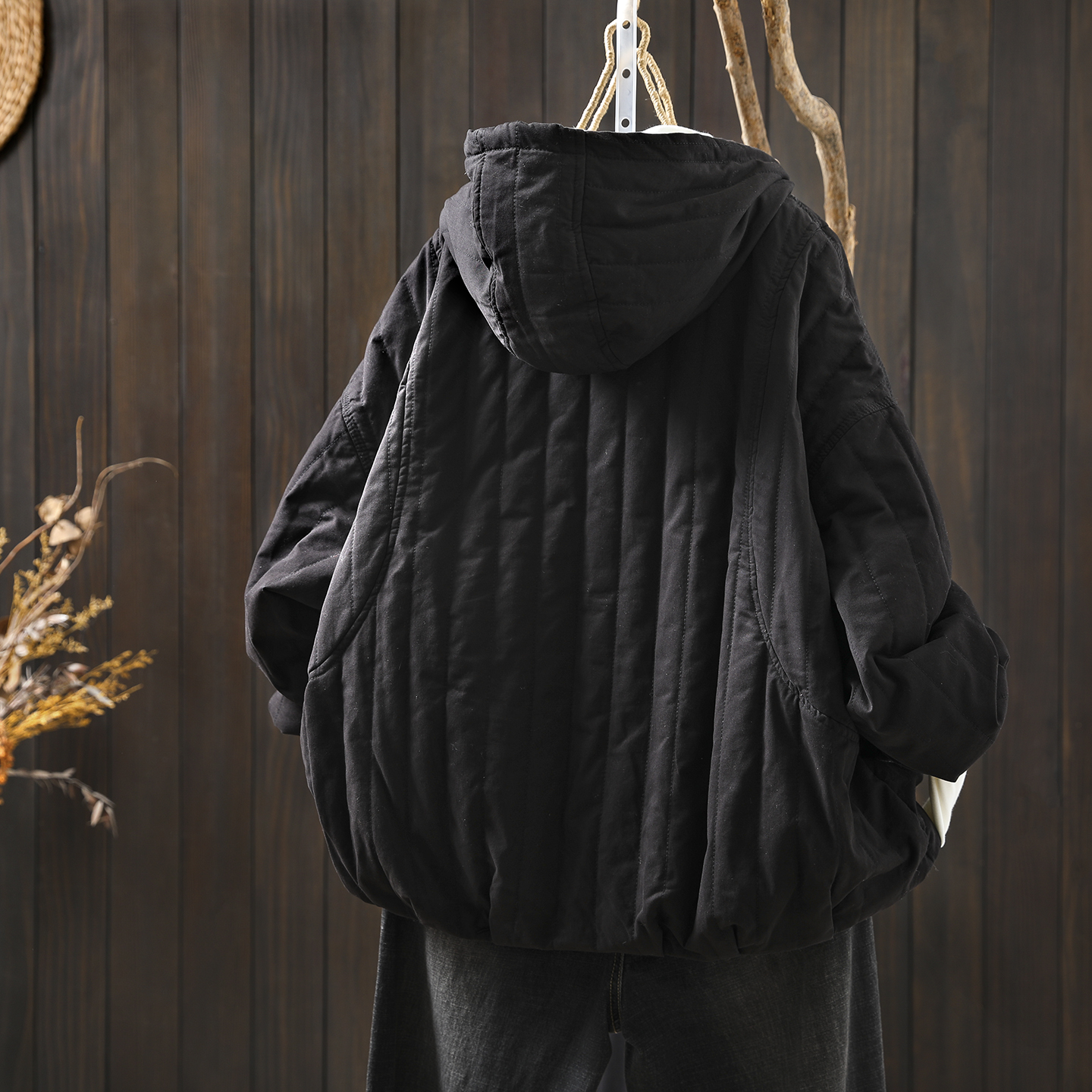 巨好看的夹棉外套女2025冬新款黑色连帽夹棉胖mm宽松显瘦薄款棉服
