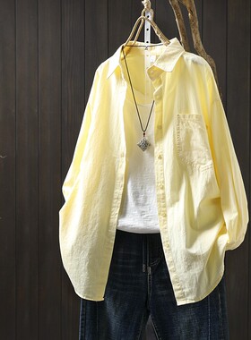 法式慵懒松弛感上衣2026春装款纯棉黄色文艺减龄宽松休闲长袖衬衫