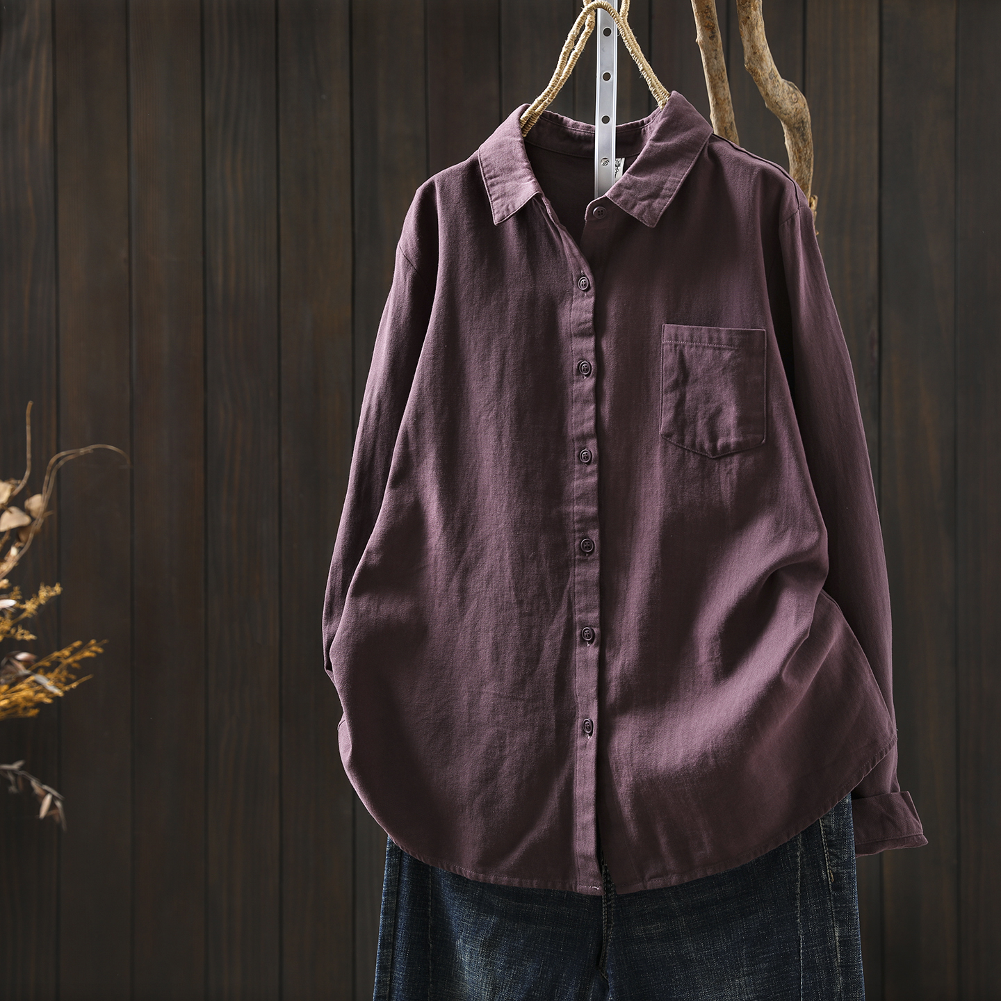 纯色衬衫2025新款女秋季纯棉单口袋复古文艺打底单穿百搭长袖衬衣