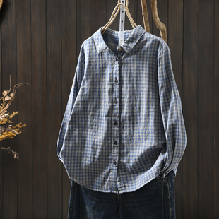 蓝色格子衬衫女2026新款初春纯棉双层纱复古休闲宽松长袖打底衬衣