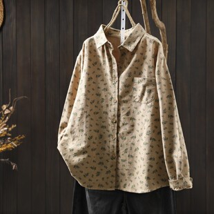 碎花衬衫女款2026新款春装磨毛纯棉印花别致复古港风休闲宽松衬衣
