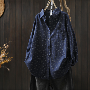 衬衣女款2025新款爆款秋季磨毛碎花印花纯棉复古宽松休闲长袖衬衫