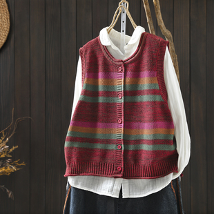 红色马甲女2026新款洋气春装条纹棉线针织洋气超好看坎肩无袖背心