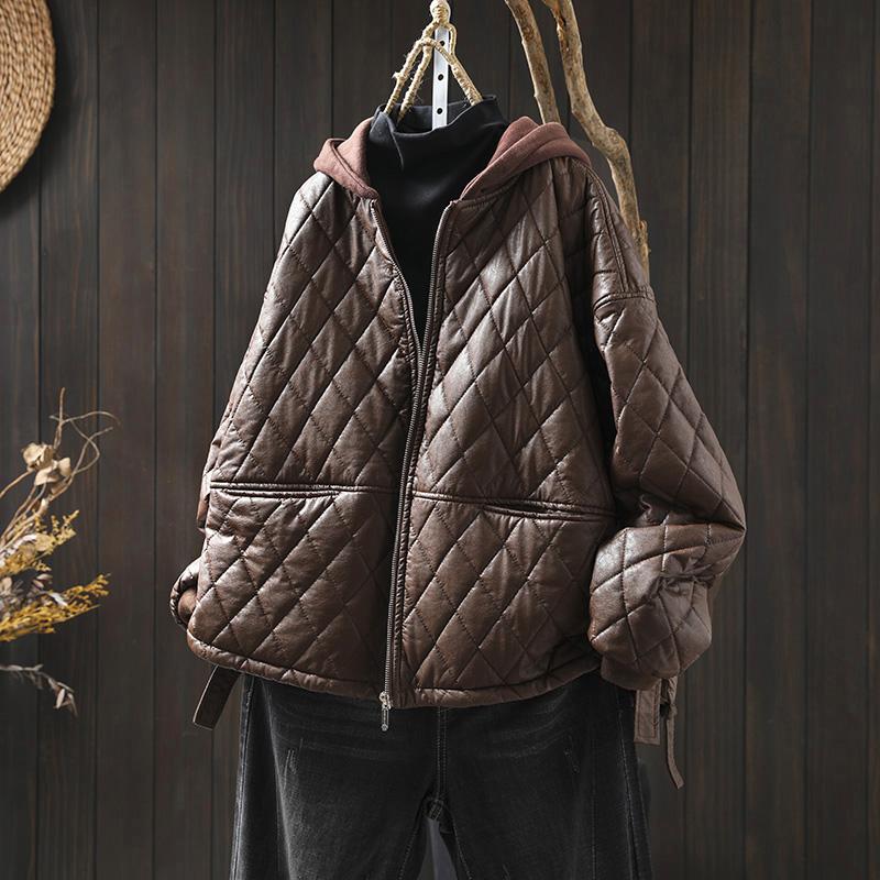 pu皮菱格连帽加厚夹棉皮衣外套女宽松保暖冬季新复古个性大码棉袄