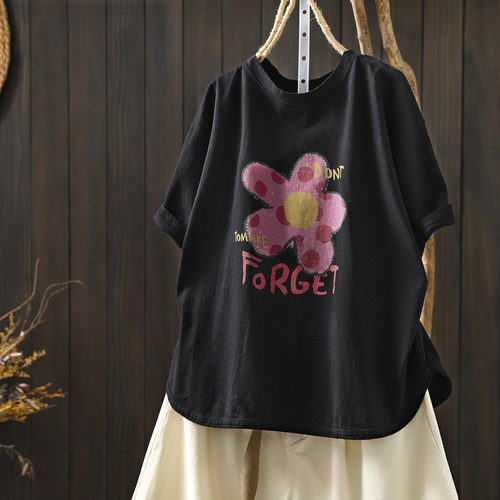 女装2026新款今年流行爆款夏季短袖宽松休闲穿搭花朵印花黑色T恤