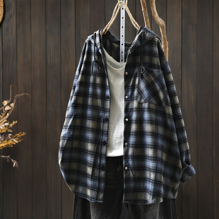 连帽衬衫女款2025新款早秋季格子宽松磨毛洋气独特超好看小衫外套