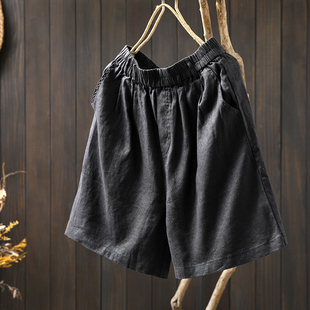 休闲百搭高腰直筒阔腿裤 外穿2026新款 女夏季 黑色纯亚麻直筒短裤