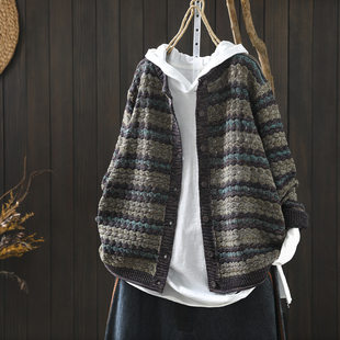 复古条纹棉线针织休闲轻熟开衫 独特漂亮巨好看上衣女春季 2026新款