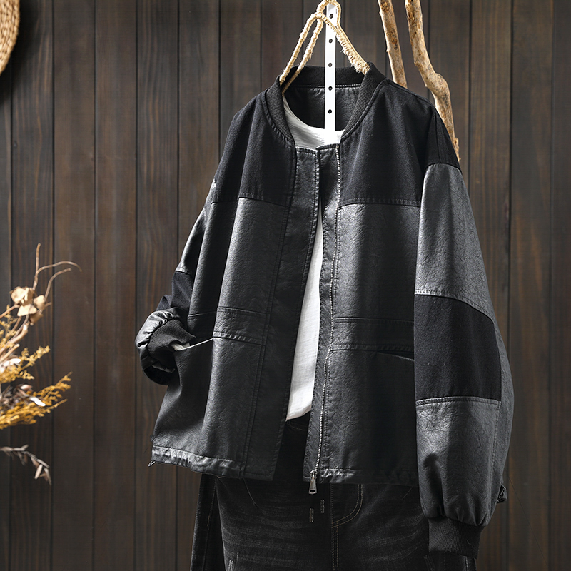 下摆抽绳立领pu皮衣外套女宽松洋气2025新秋休闲气质遮肉撞色上衣