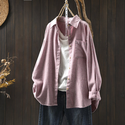 长袖棉开衫外套格子港味宽松