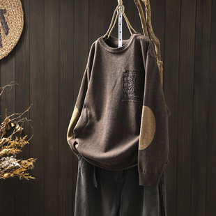 蕾丝贴布棉线毛衣女不起球宽松遮肉2025秋冬新款 打底线衣 复古长袖