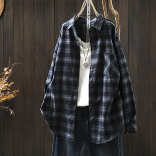 巨好看的开春衬衫女2026新款磨毛格纹单口袋复古气质宽松显瘦衬衣