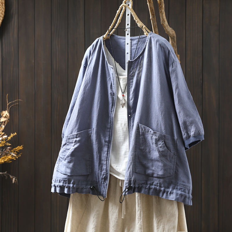 双口袋蓝色亚麻衬衫外套女五分袖2025新款小个子宽松休闲薄款上衣