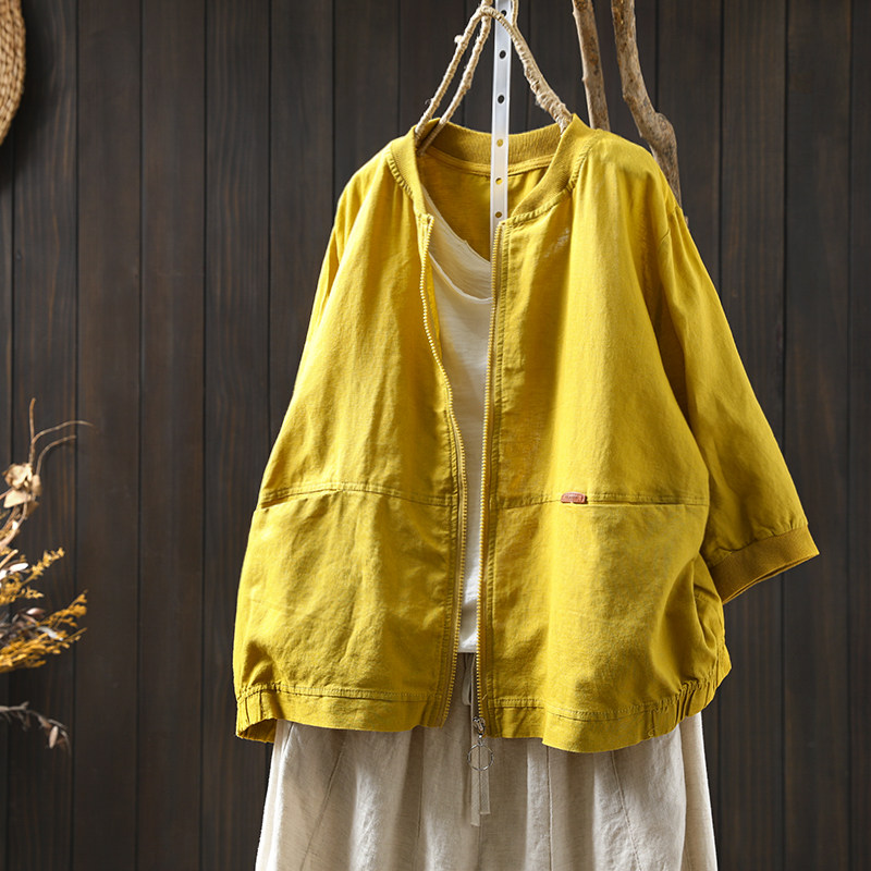 立领亚麻五分袖短外套女2026新款夏季宽松大码休闲透气薄款开衫