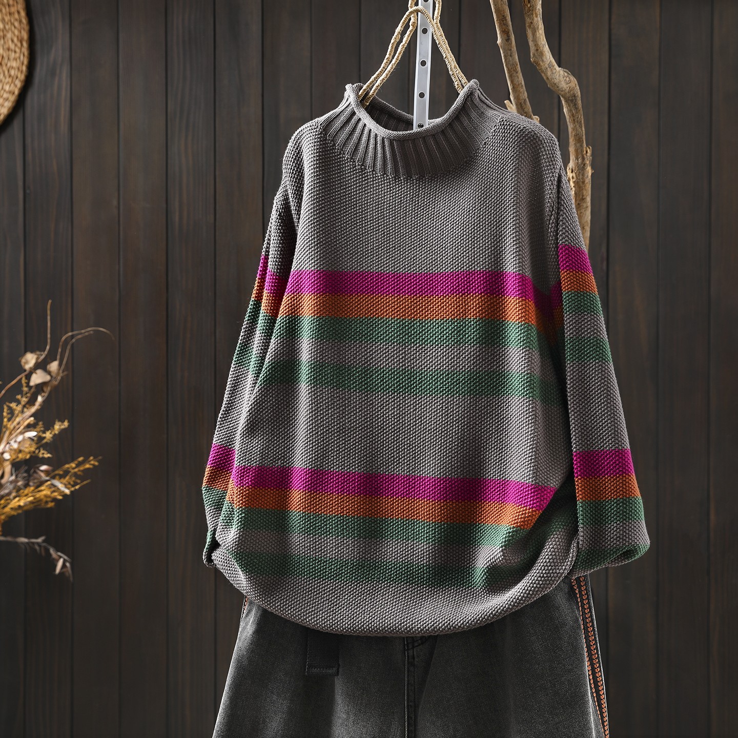 慵懒松弛感毛线衣女2025冬季新款半高领条纹设计感文艺套头针织衫