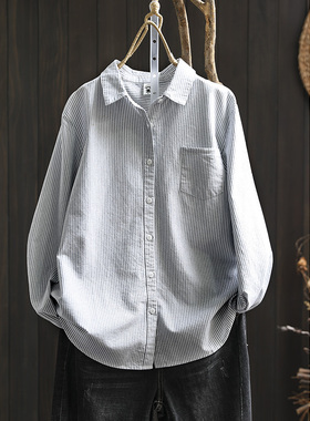 纯棉灰色条纹衬衫女长袖小个子秋季新款宽松休闲内搭叠穿打底衬衣