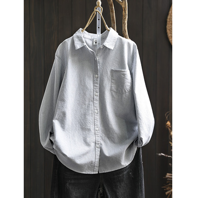 宽松休闲长袖牛津纺条纹衬衫