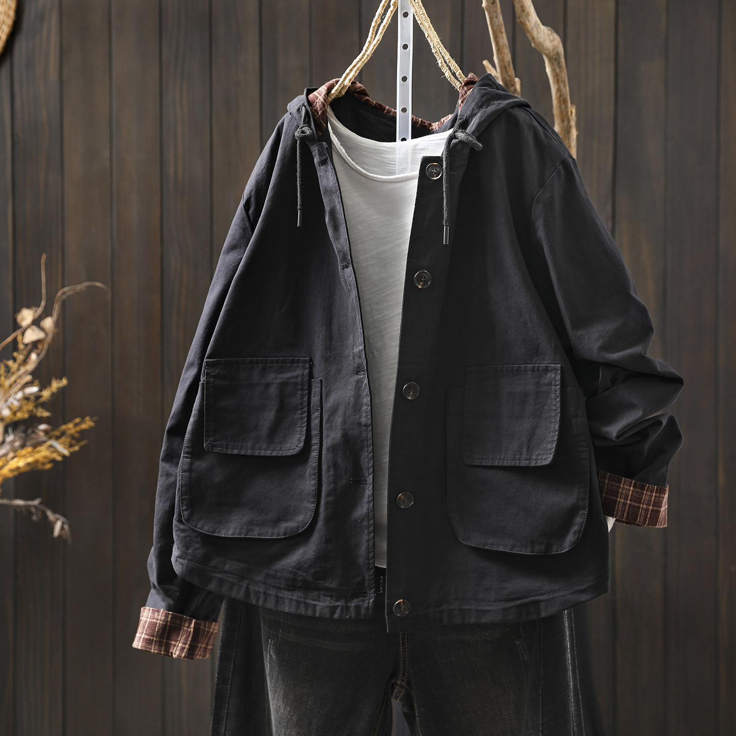 黑色连帽外套女2026春新款小个子时尚双口袋纽扣宽松百搭休闲上衣