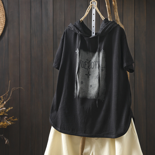 特别好看的2026新款夏装女款超流行黑色宽松胖mm显瘦连帽上衣短袖
