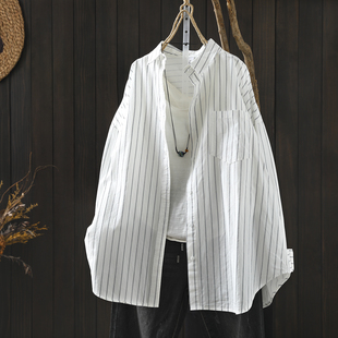 气质女士上衣2026春季白色竖条纹纯棉衬衫中长款胖mm休闲长袖衬衣