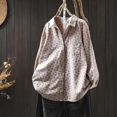长袖棉衬衫小碎花复古直筒单排扣