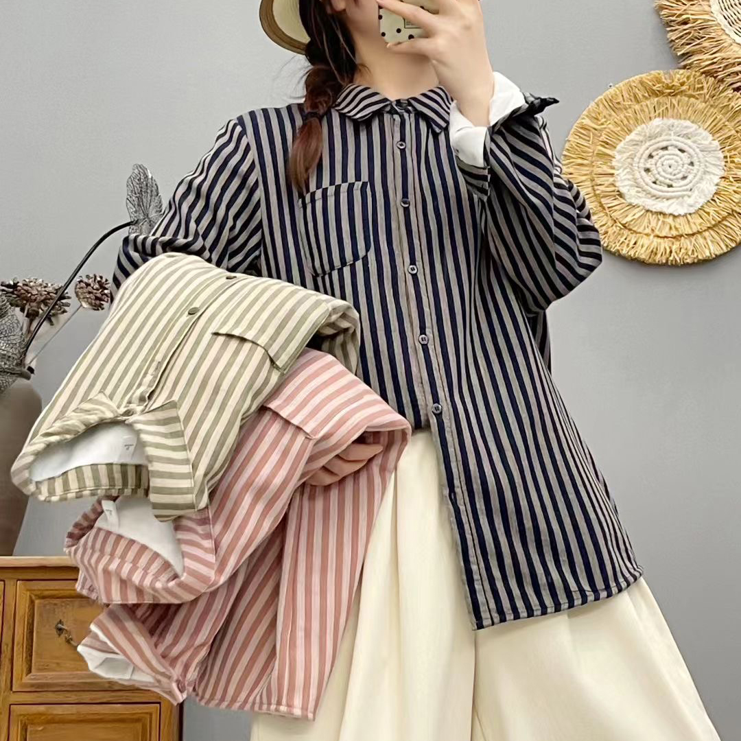 独特漂亮新款小衫女2025新款秋冬复绒条纹纯棉单口袋洋气减龄衬衫