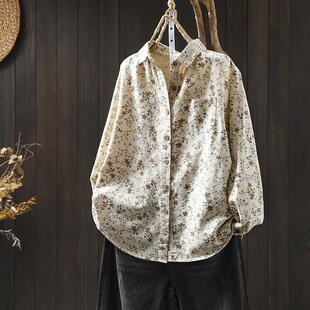 新复古文艺减龄打底衬衣 宽松显瘦2025秋季 纯棉磨毛碎花衬衫 女长袖