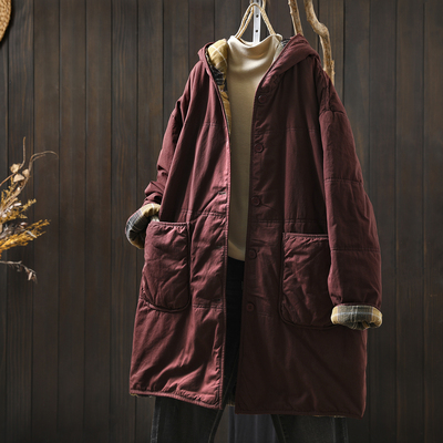 连帽棉服女款2025新款冬季中长款加厚保暖双口袋宽松休闲棉袄外套