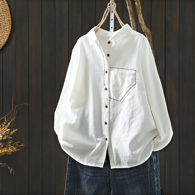 独特超好看的衬衫女2026春季新款白色纯棉勾线设计感宽松百搭衬衣
