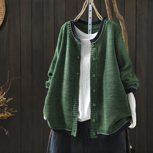 针织衫女款上衣春季2026新款绿色棉线复古宽松外穿设计感毛衣开衫