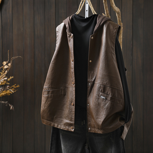 宽松外穿时尚 女士春季 气质PU上衣 今年流行爆款 连帽皮马甲2026新款