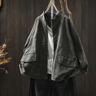 文艺宽松立领口袋百搭上衣 女士小个子短款 韩版 2026超火外套秋新款