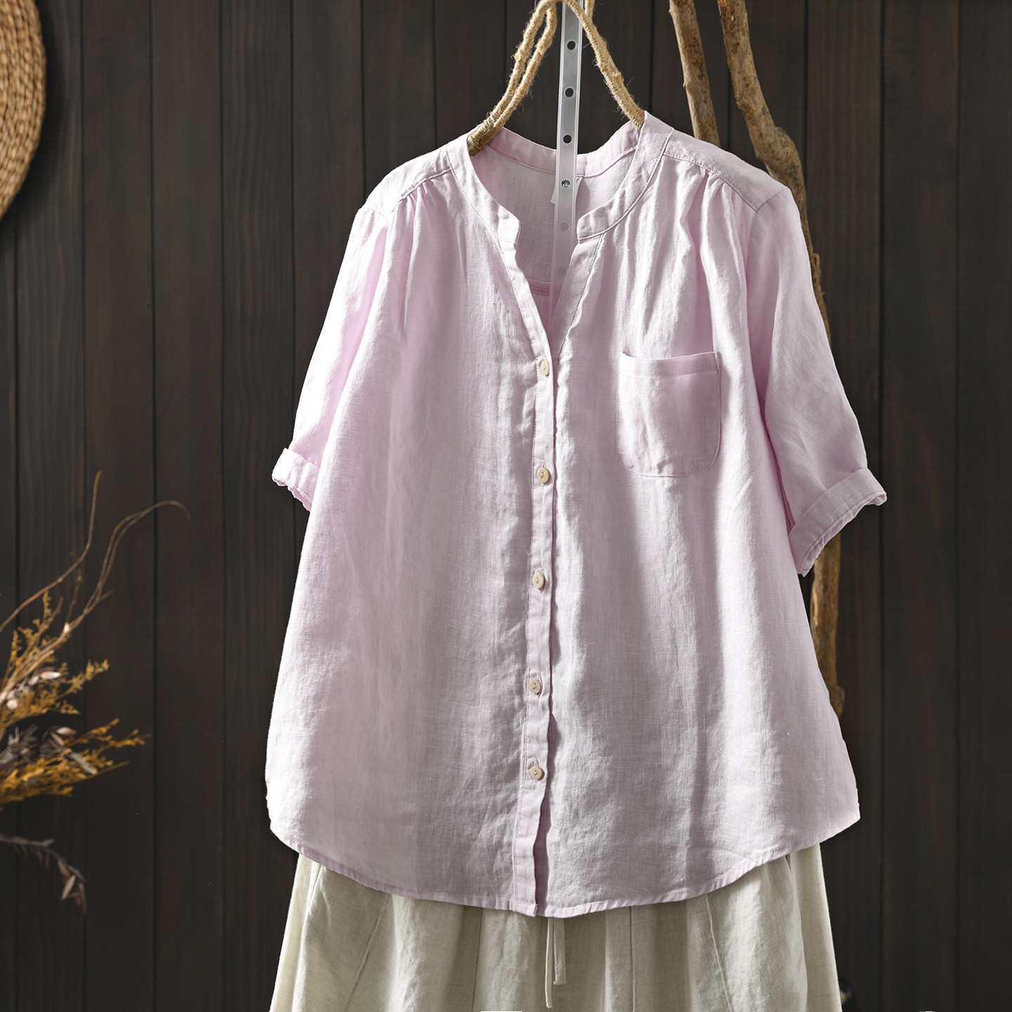 独特漂亮新款小衫女士2026夏新款超好看纯亚麻粉色单口袋短袖T恤