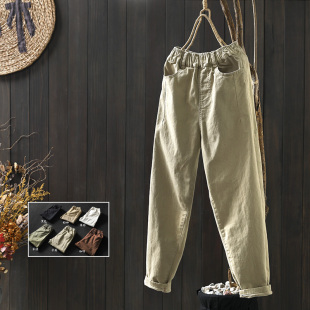 简约宽松显瘦松紧腰百搭长裤 2026年新款 女春装 卡其色纯棉休闲裤