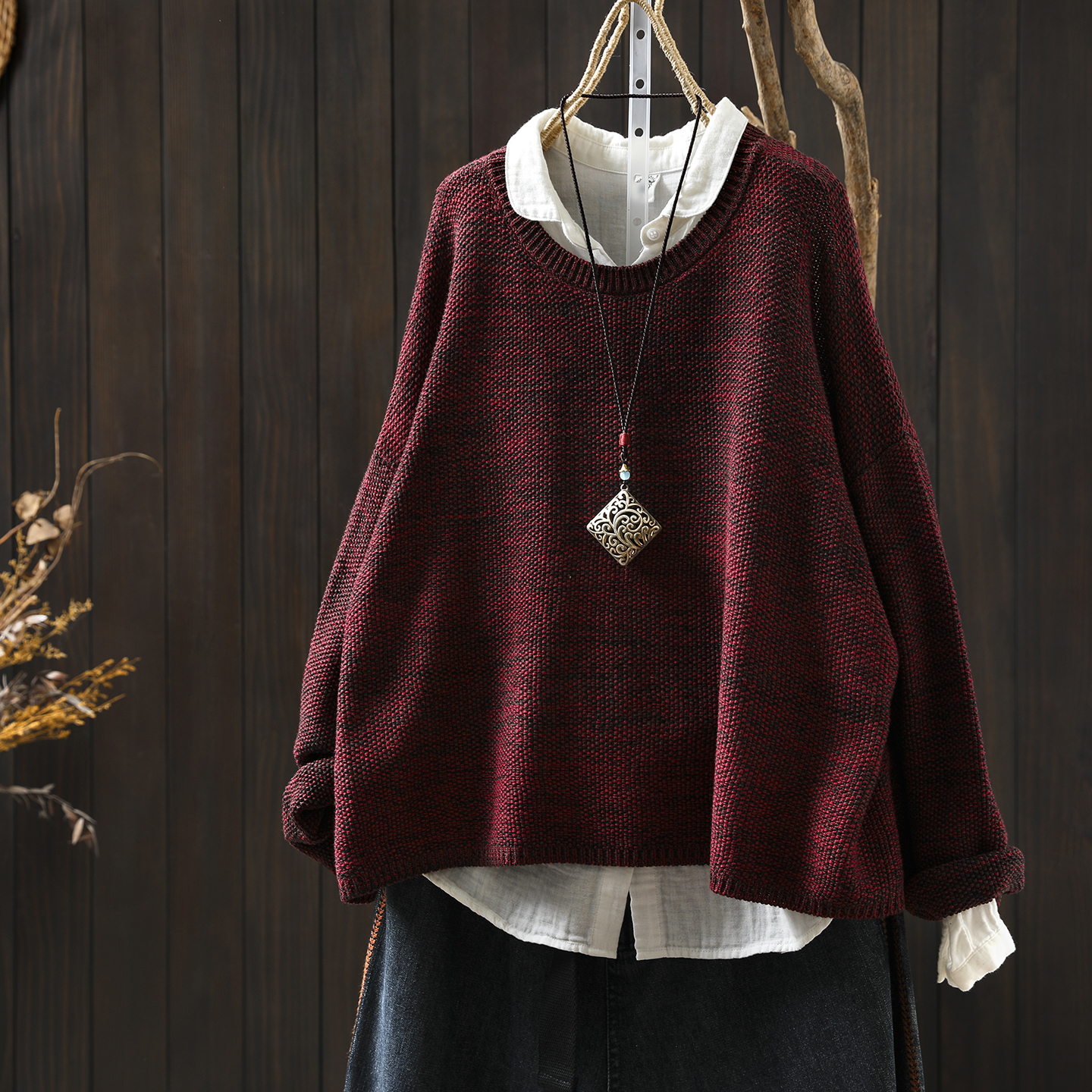 慵懒风毛织套头衫女2025新款秋季棉线大码设计感宽松百搭圆领上衣