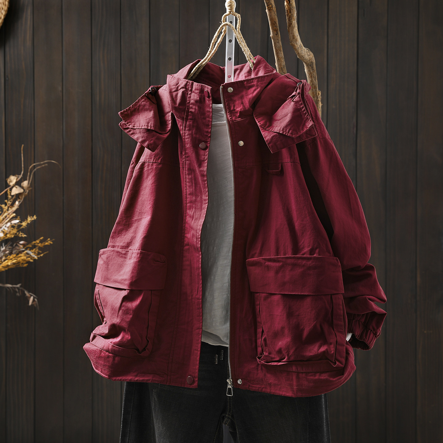 冲锋衣外套女2026新款秋休闲宽松大码纯棉连帽大口袋工装风衣开衫