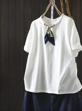 独特漂亮巨好看上衣短袖女2026夏新款白色丝巾设计感慵懒百搭t恤