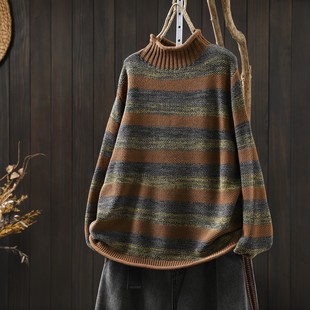 套头毛织上衣女2025秋冬新款 条纹半高领宽松复古松弛感内搭毛线衣