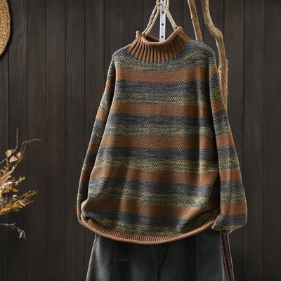 套头毛织上衣女2025秋冬新款条纹半高领宽松复古松弛感内搭毛线衣