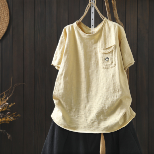夏季 女新款 黄色纯棉设计感洋气慵懒百搭圆领t恤 短袖 2026超好看