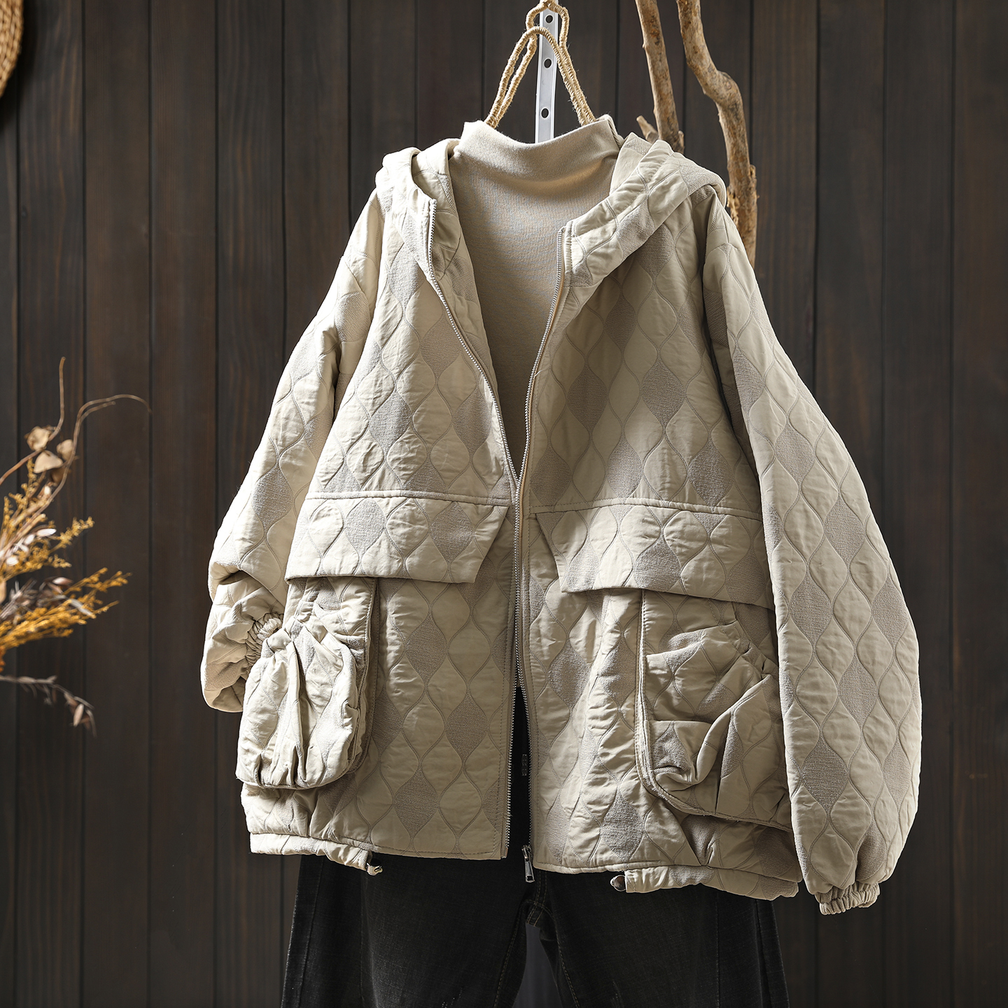 连帽棉服女款2025新款冬季夹丝绵文艺洋气高级感轻薄宽松百搭棉袄