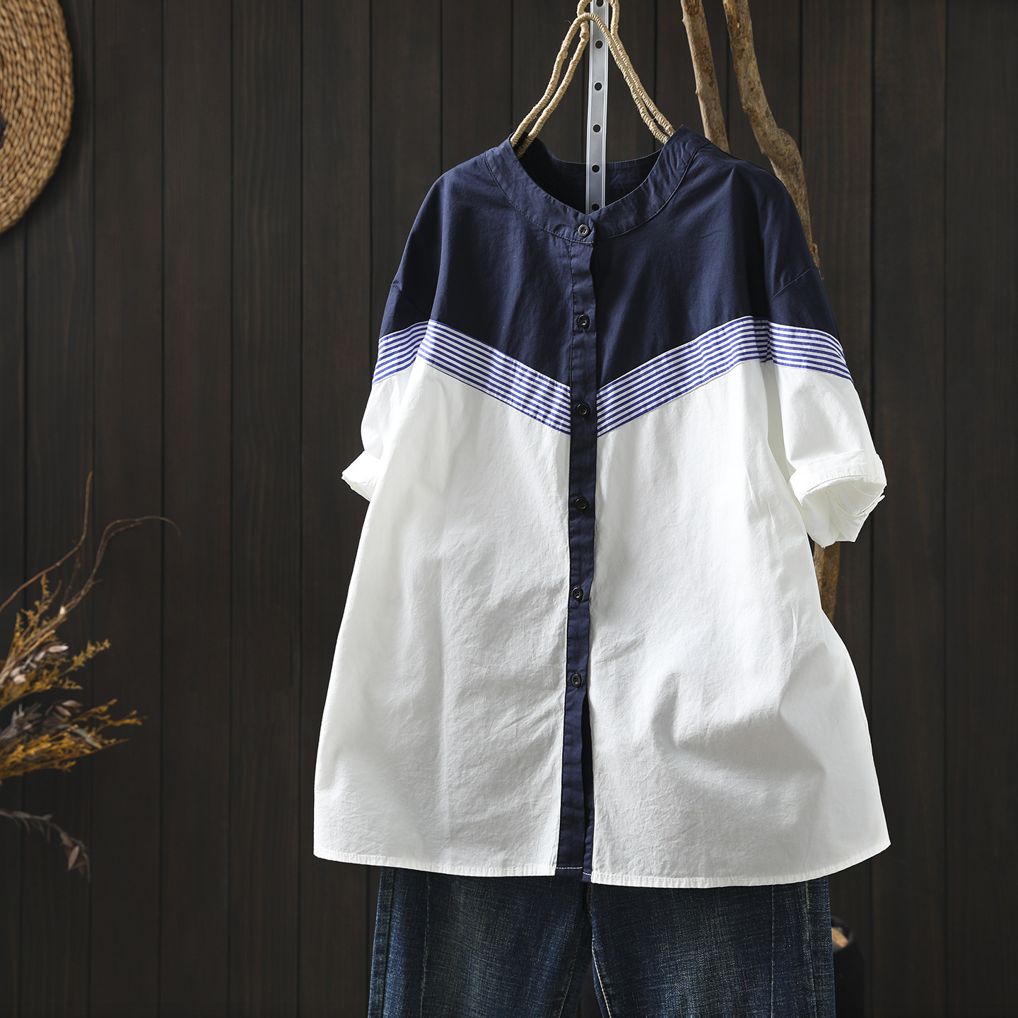 短袖衬衣女2026新款爆款春夏纯棉小立领撞色条纹拼接宽松百搭衬衫
