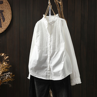 新款 宽松显瘦2025秋季 简约打底衬衣 女长袖 木耳领风琴褶皱纯棉衬衫