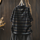 短袖 t恤女202新款 春夏纯棉半高领条纹炒色复古宽松百搭时尚 上衣