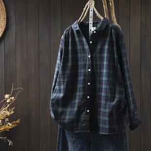 春休闲内搭叠穿打底衬衣 上衣2026新款 纯棉绿格子衬衫 女小个子长袖