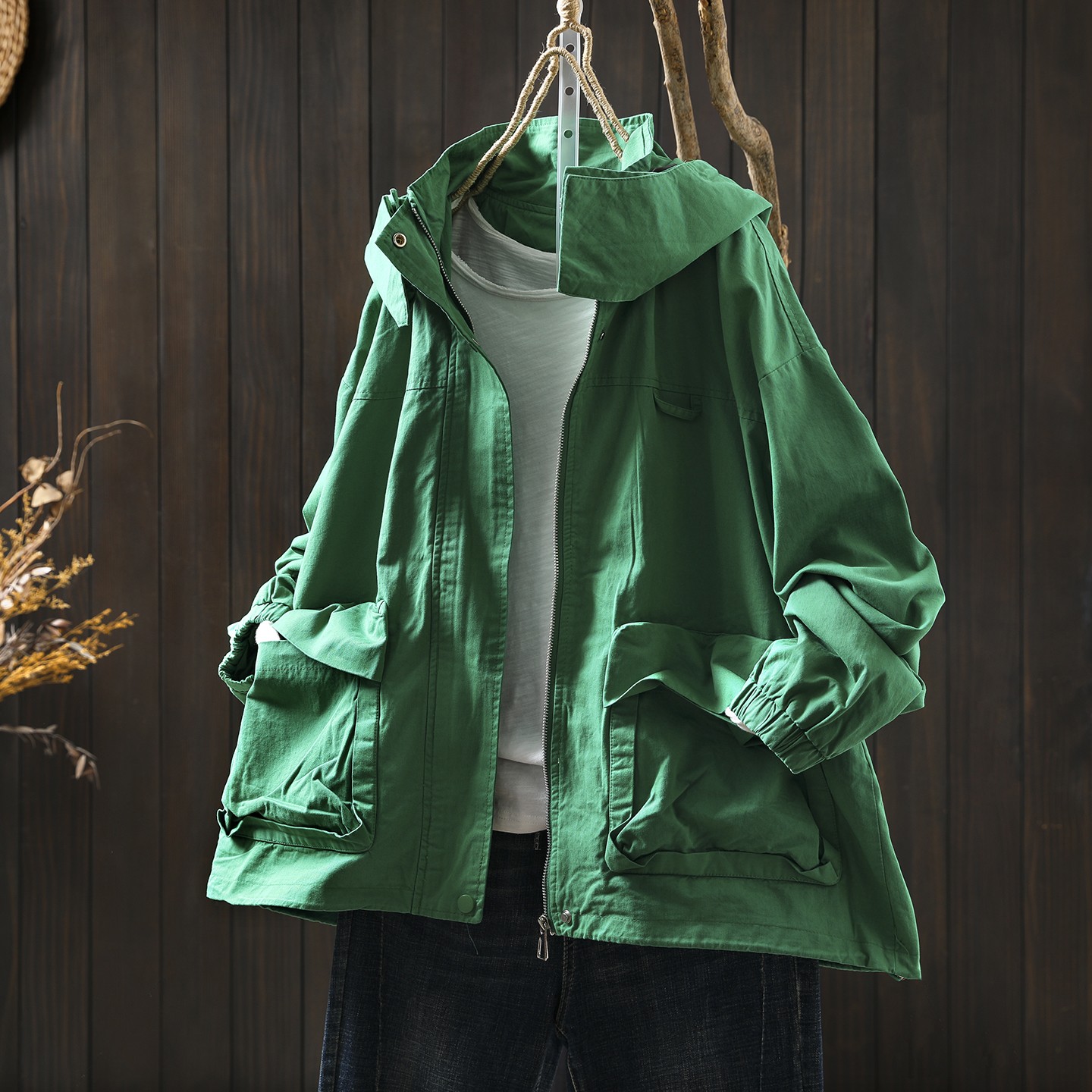 工装外套女款秋大口袋连帽风衣开衫2025新松纯棉宽松大码休闲开衫