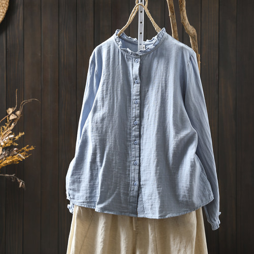 衬衣女款2026新款爆款开春休闲木耳领纯棉纱打底蓝色长袖衬衫上衣